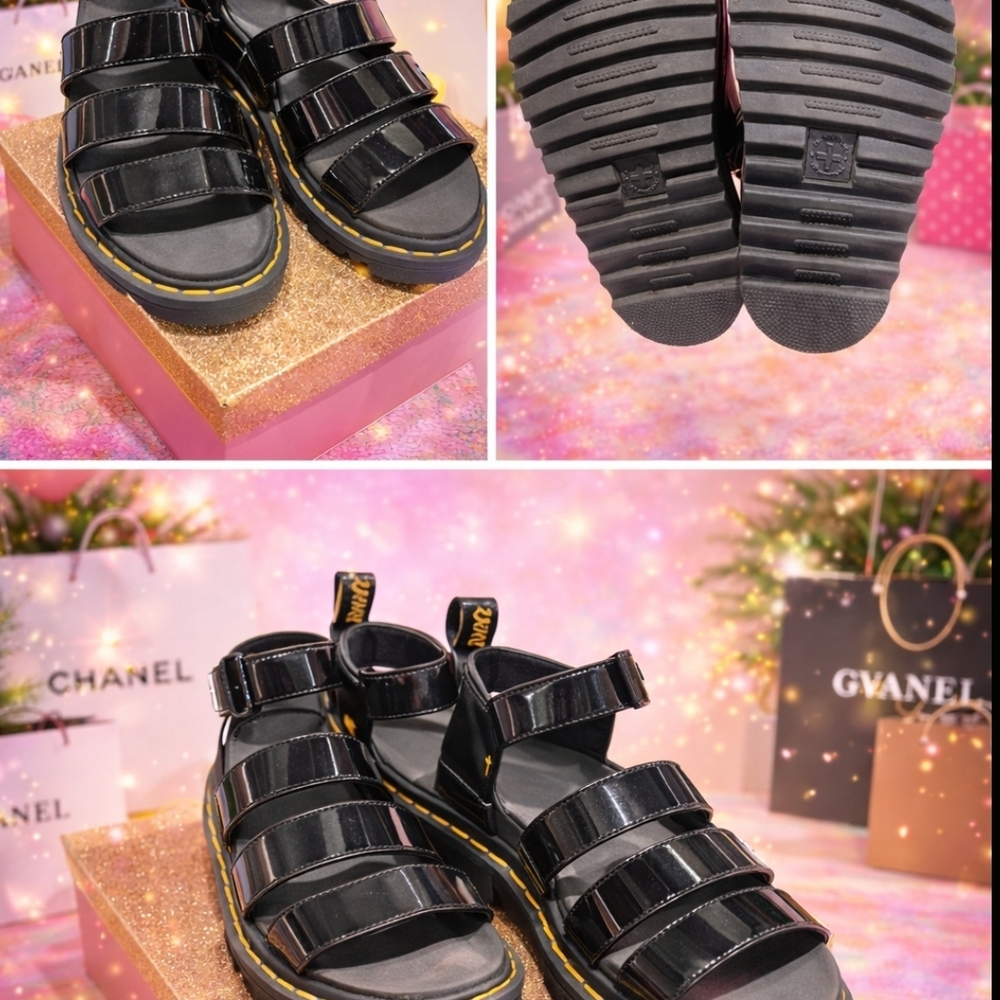 Dr. Martens Glossy Black Sandals with Yellow Accents